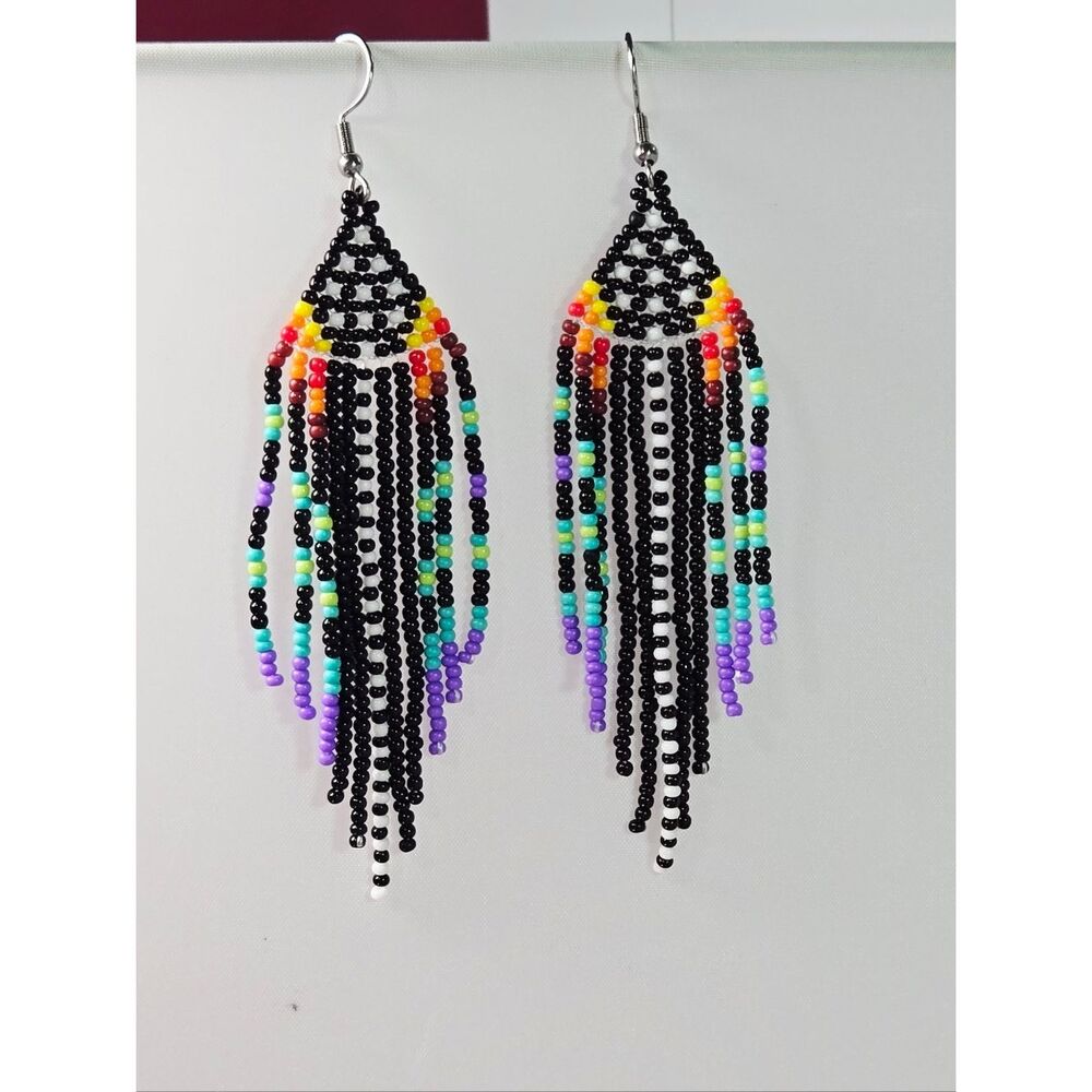 Black Tribal Beaded Fringe Earrings Chandelier Southwest Boho Dangle Festival - Picture 3 of 3